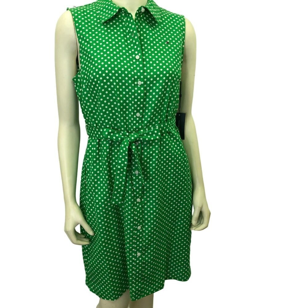 TOMMY HILFIGER POLKA DOT‎ BELTED LINEN BLEND size 8 DRESS NEW WITH TAG